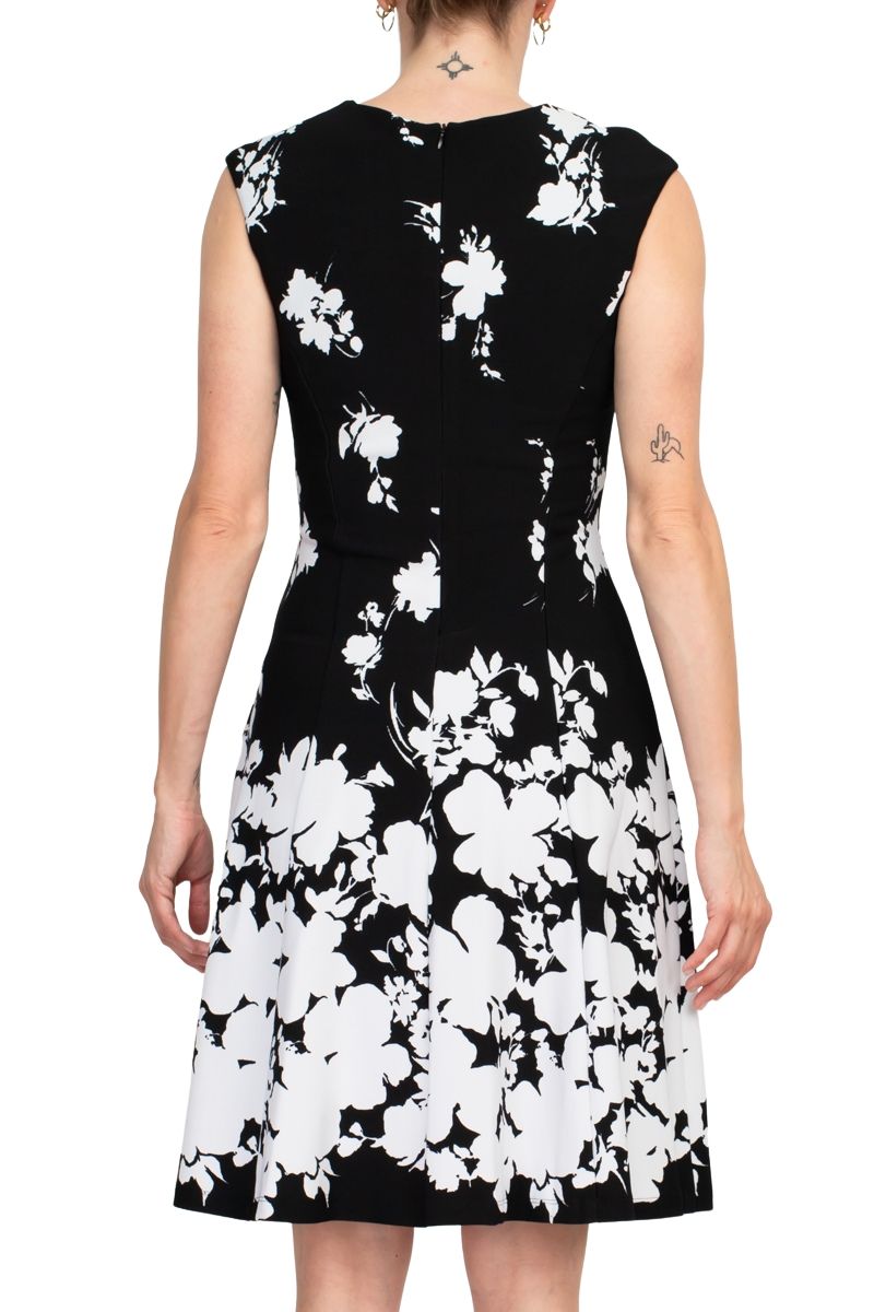 Black and White Blooms Midi Dress